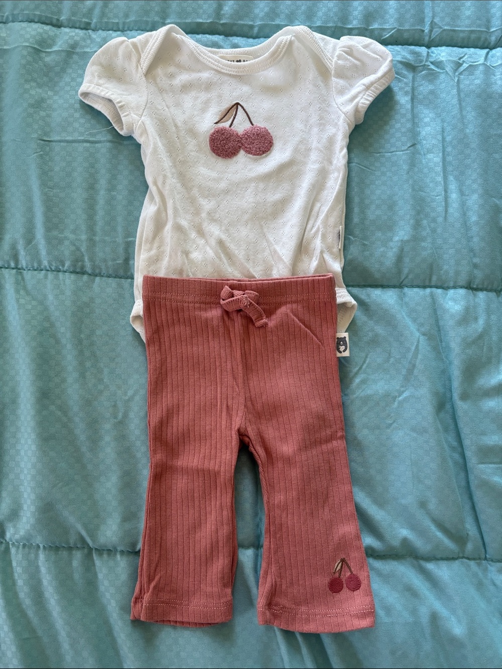 Children's Cherry Appliqué Matching Set - White & Dusty Rose